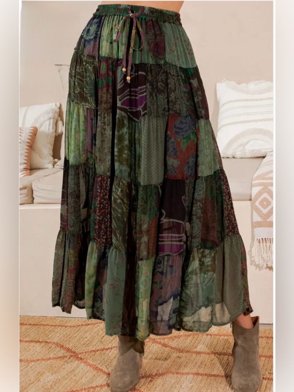 New: Young Threads “Basil” Mixed Patchwork Tiered Flowing Maxi Skirt• Medium - Picture 4 of 6